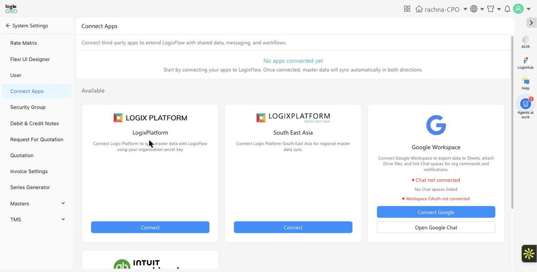 Connect Apps integration hub showing available third-party connections