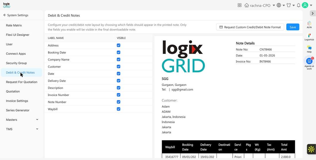 Debit and Credit Notes field-visibility settings with live preview