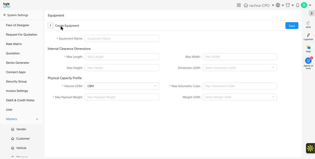 Create Equipment form showing clearance dimensions and physical capacity profile fields