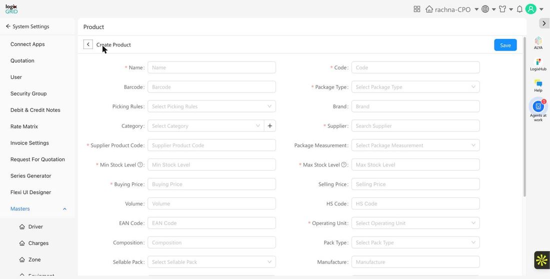 Create Product form showing pricing, stock, and package fields