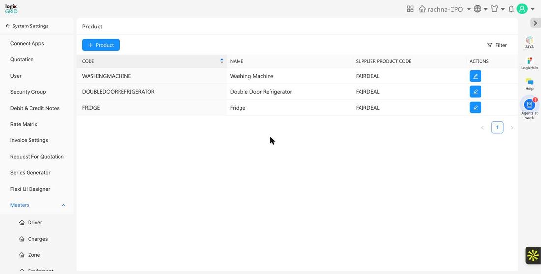 Product master list showing configured products