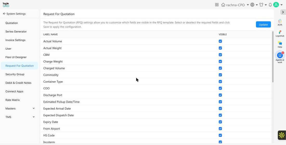 Request For Quotation field-visibility settings for the RFQ template