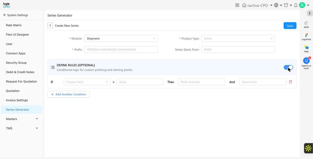 Create New Series form showing module selection and optional conditional rules