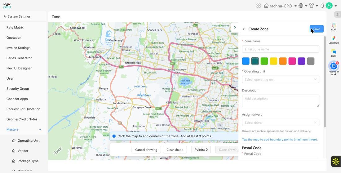 Create Zone form showing map boundary drawing and postal code fields