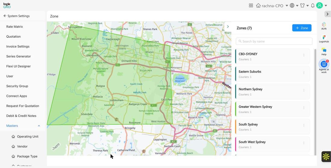 Zone list and map view showing configured delivery zones