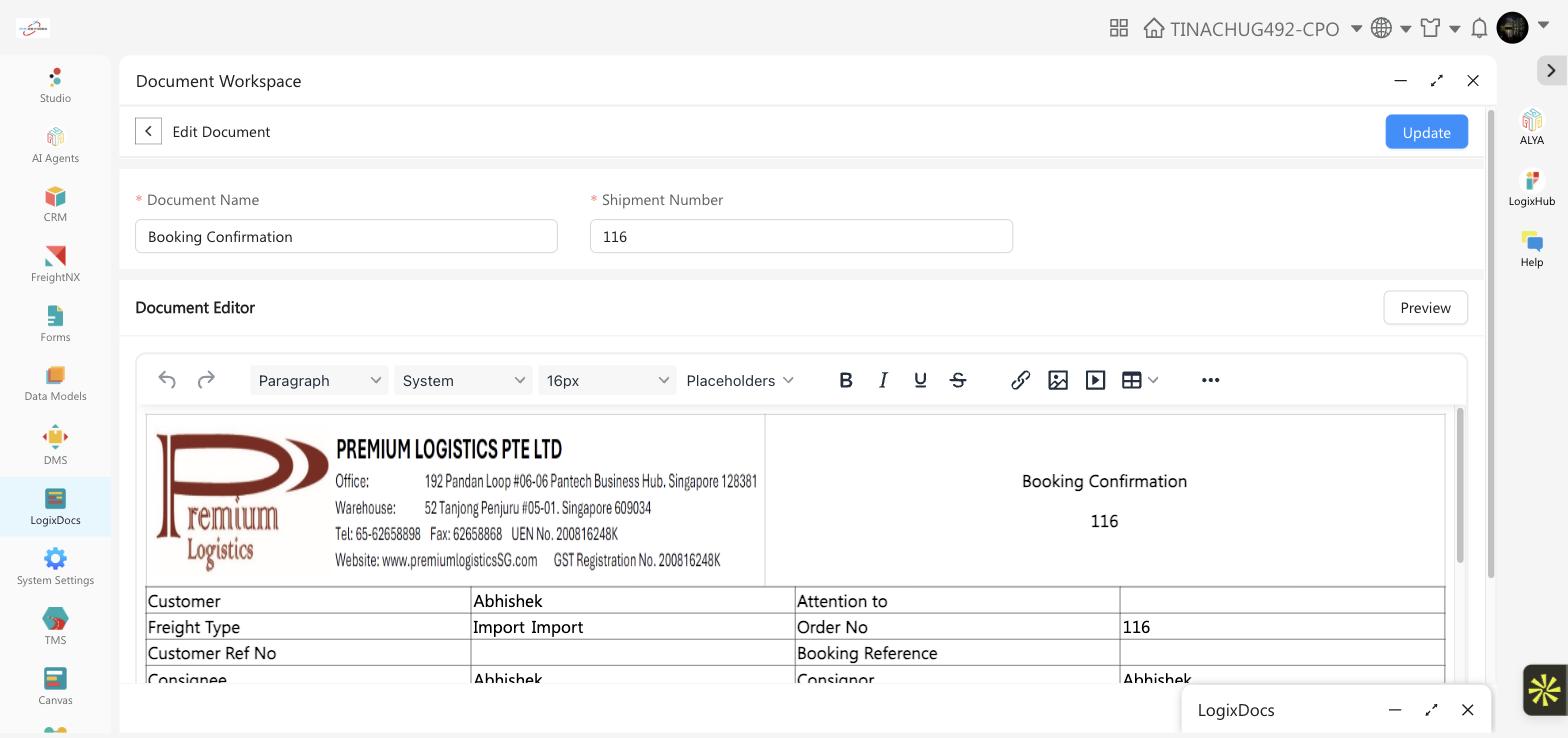 The LogixDocs document editor showing the Document Name and Shipment Number fields, and the Placeholders menu