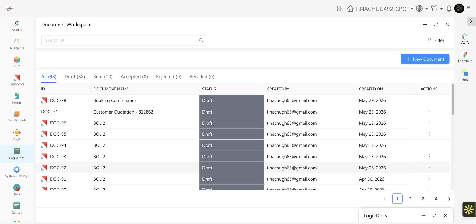 Document Workspace list view with status tabs, search, and filter