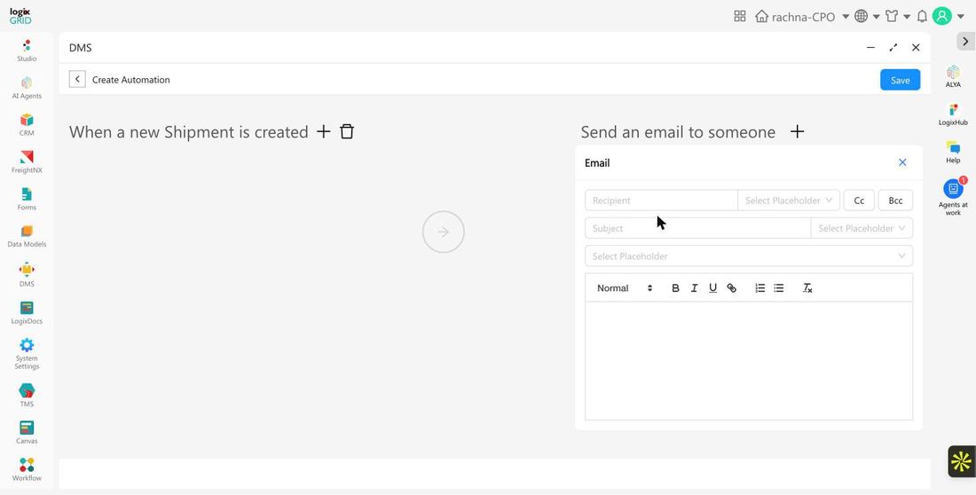 Send an email to someone action configuration panel with recipient, subject, placeholder, and message body fields