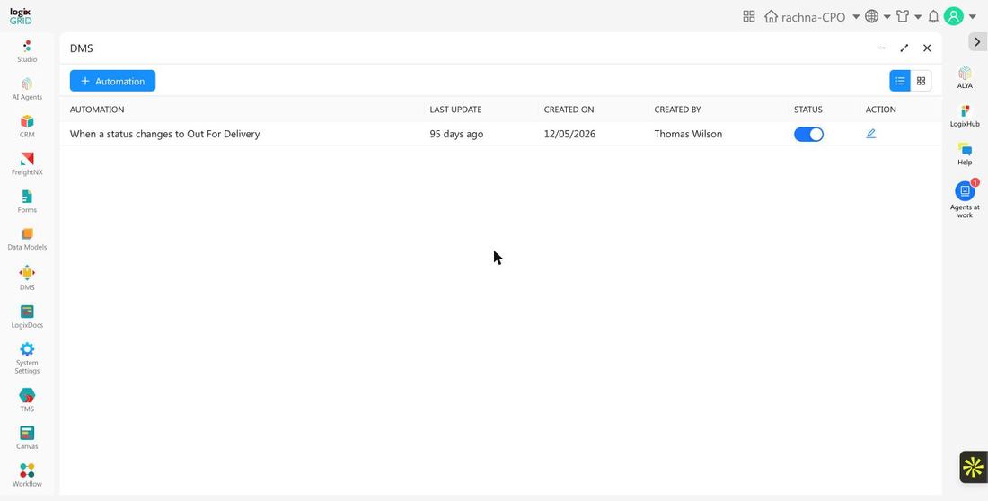 DMS Automation rules list showing automation description, last update, created on, created by, status, and action columns