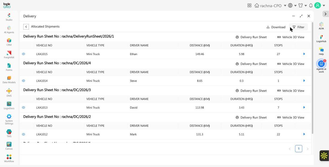 Allocated Shipments view grouped by delivery run sheet number, each with vehicle, driver, distance, duration, and stop count
