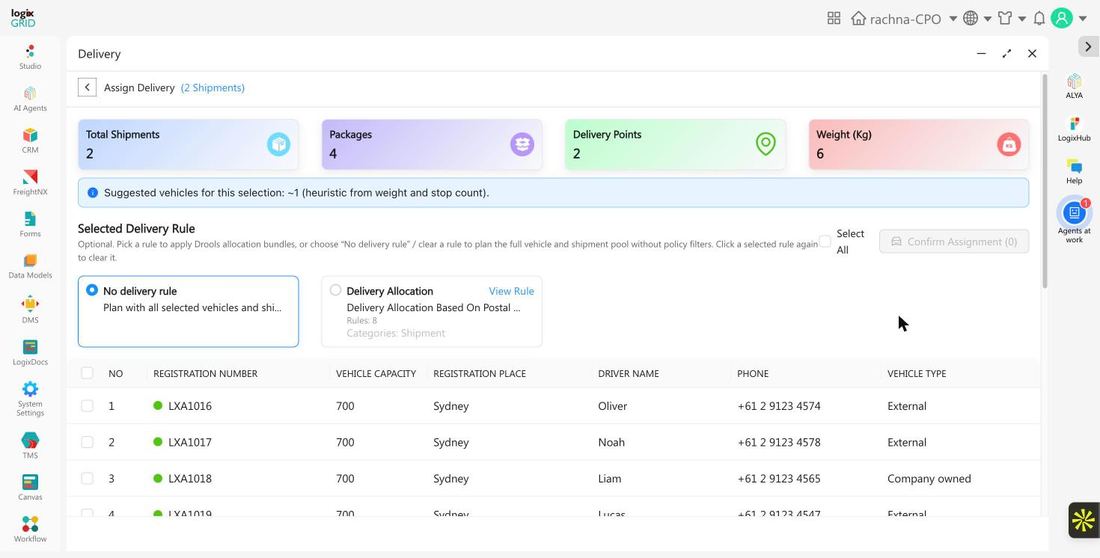 Assign Delivery screen showing shipment summary cards, the selected delivery rule, and a table of available vehicles and drivers