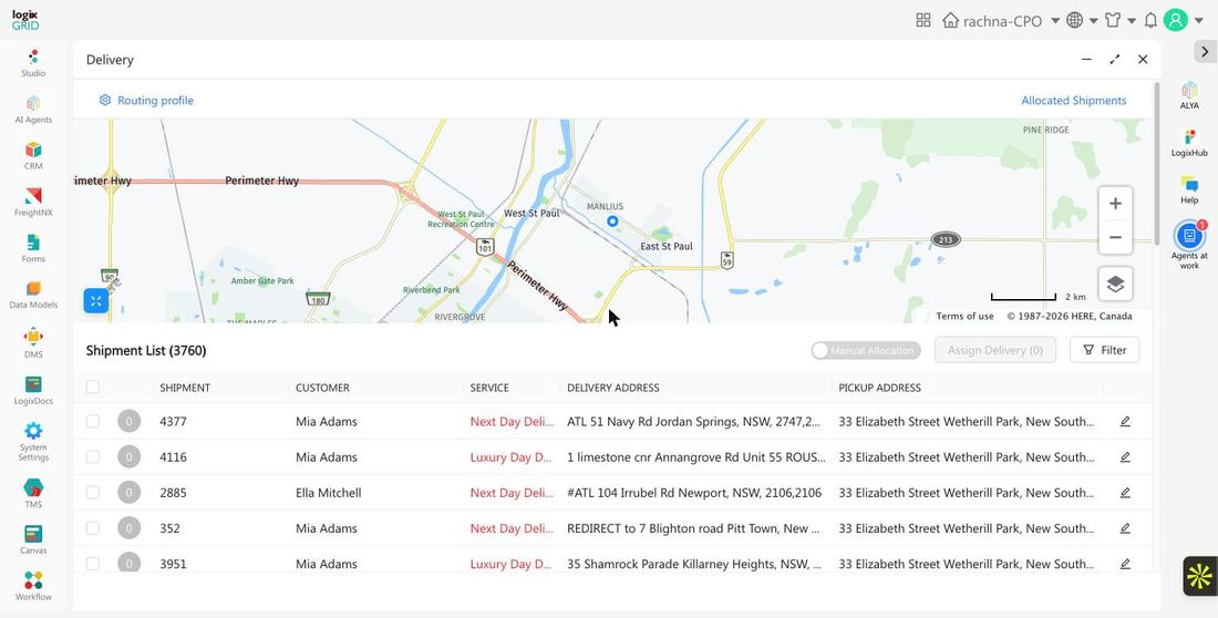 DMS Delivery planning screen showing a map and the unallocated shipment list with pickup and delivery address columns