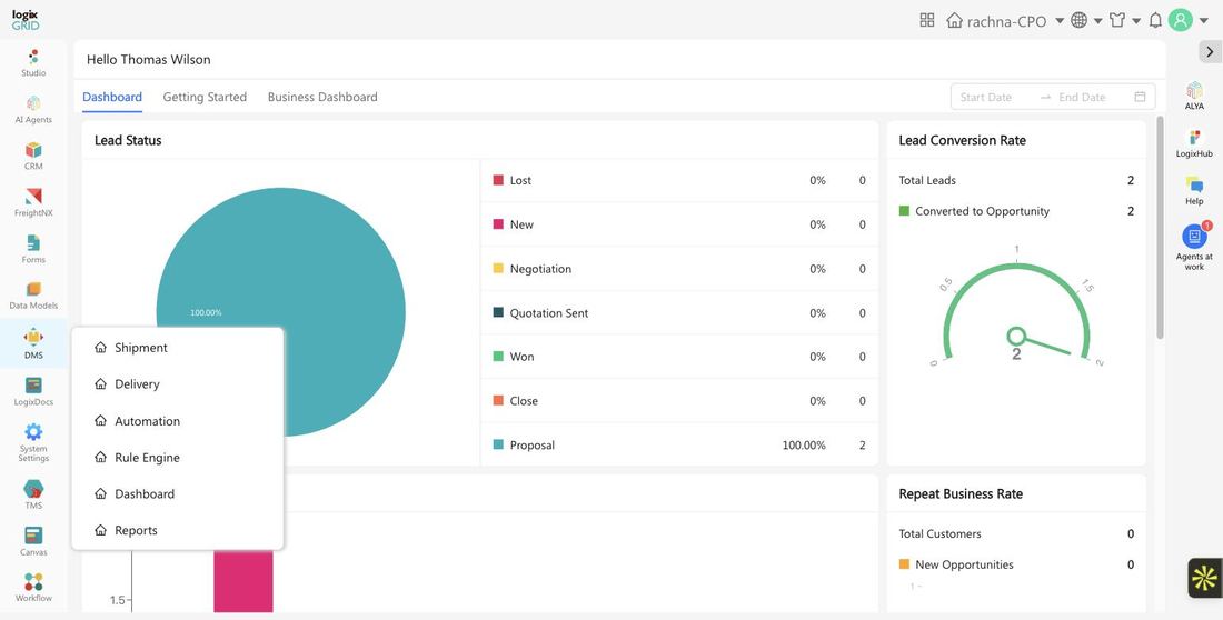 DMS popup menu showing Shipment, Delivery, Automation, Rule Engine, Dashboard, and Reports