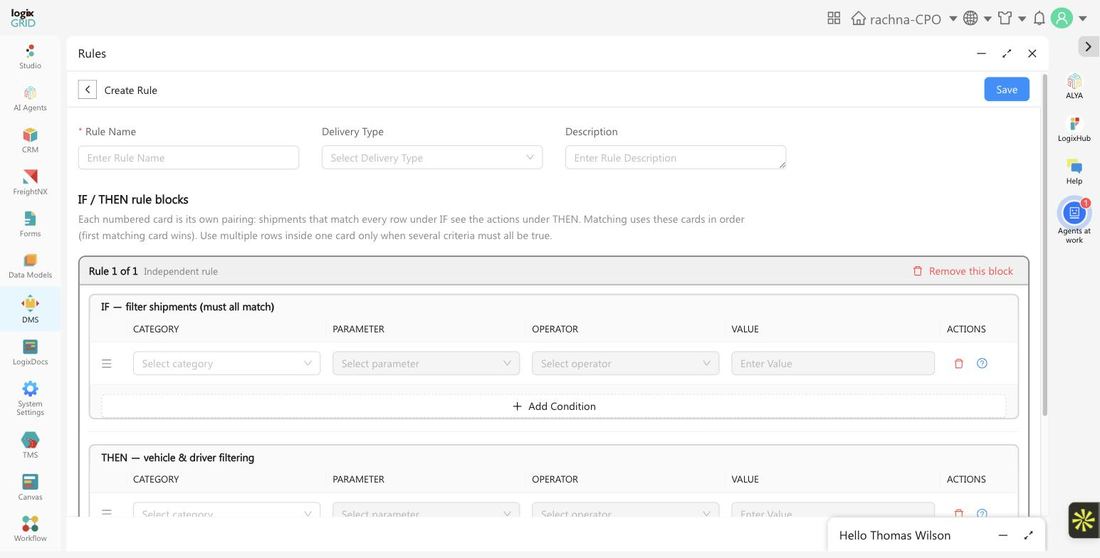IF filter shipments and THEN vehicle and driver filtering sections of a rule block, each with category, parameter, operator, and value columns