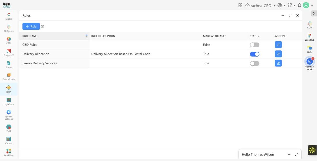 DMS Rule Engine rules list with rule name, description, make as default, and status columns