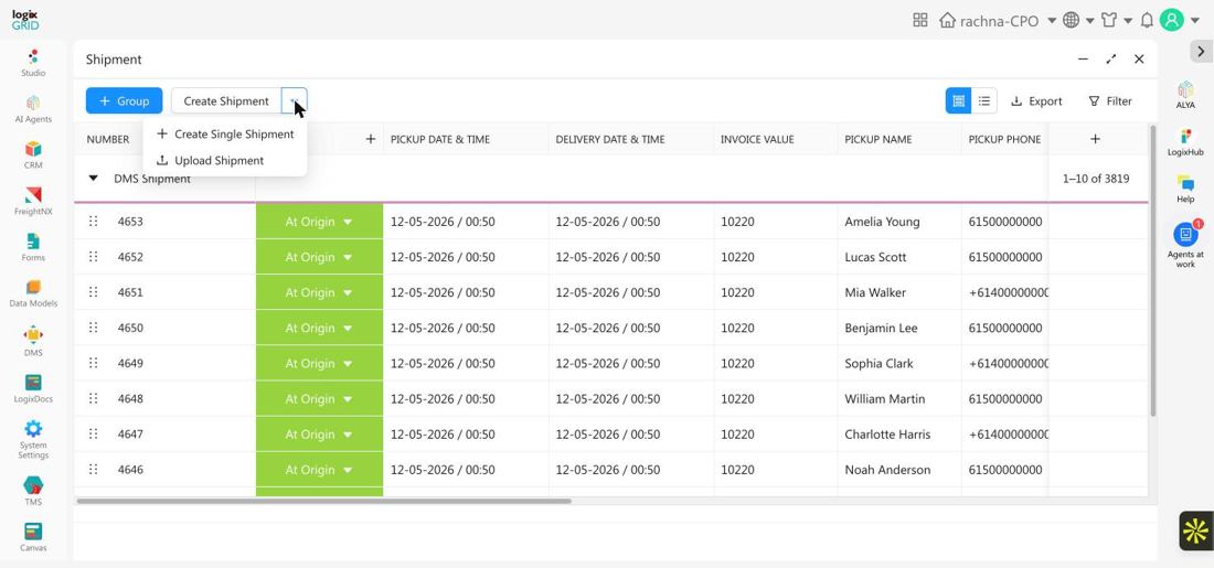Create Shipment dropdown showing Create Single Shipment and Upload Shipment options