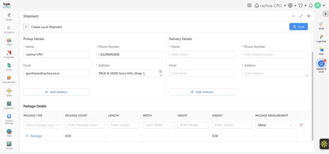 Package Details section of the Create Local Shipment form with type, count, dimensions, and weight fields