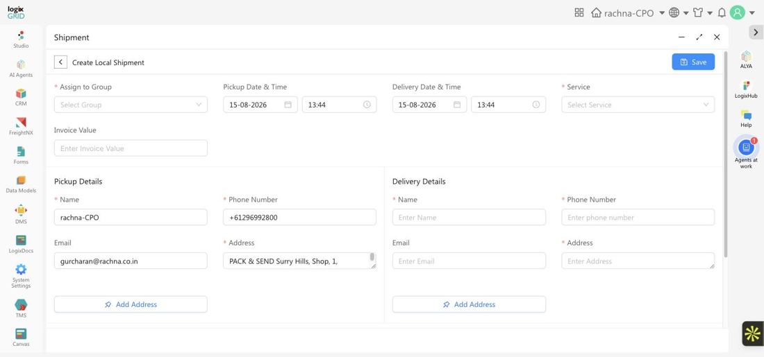 Create Local Shipment form showing group, service, and pickup and delivery detail fields