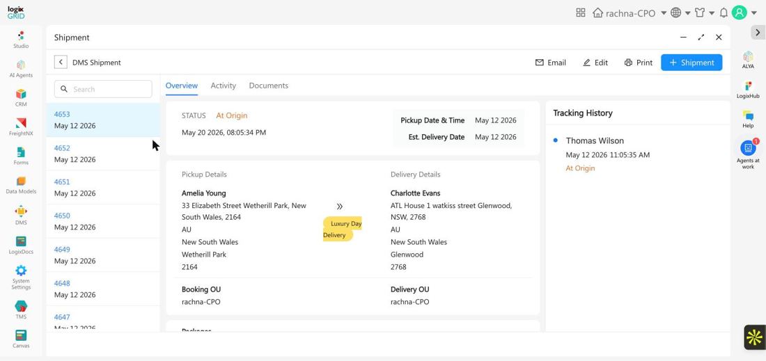 Shipment detail Overview tab showing status, pickup and delivery details, and package information