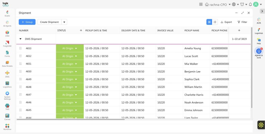 DMS Shipment list showing status, pickup and delivery dates, and invoice value columns