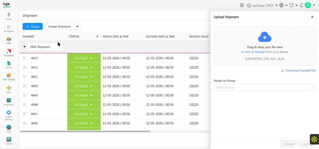 Upload Shipment panel with drag-and-drop file area, sample file download link, and Assign to Group field