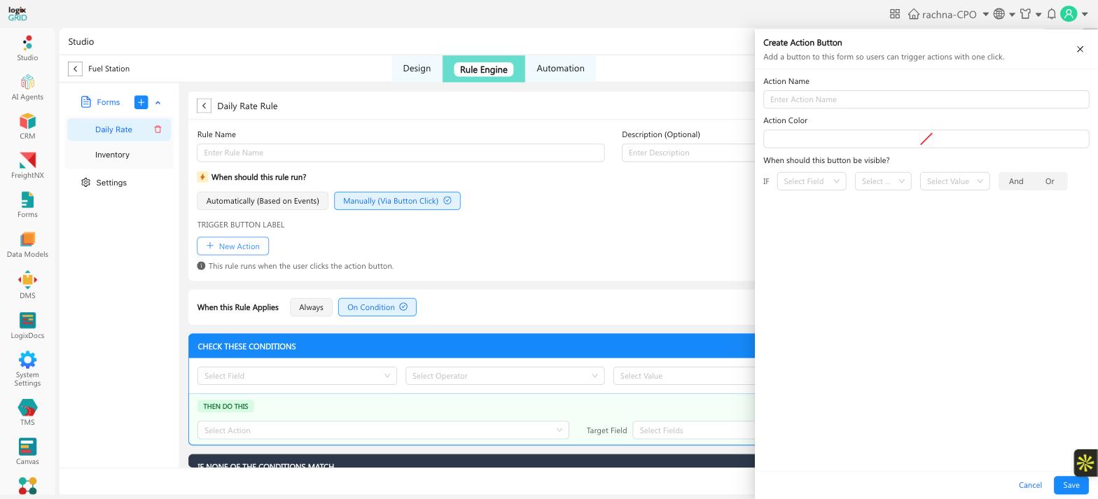 Create Action Button panel in the Rule Engine, showing Action Name, Action Color, and Visibility Conditions