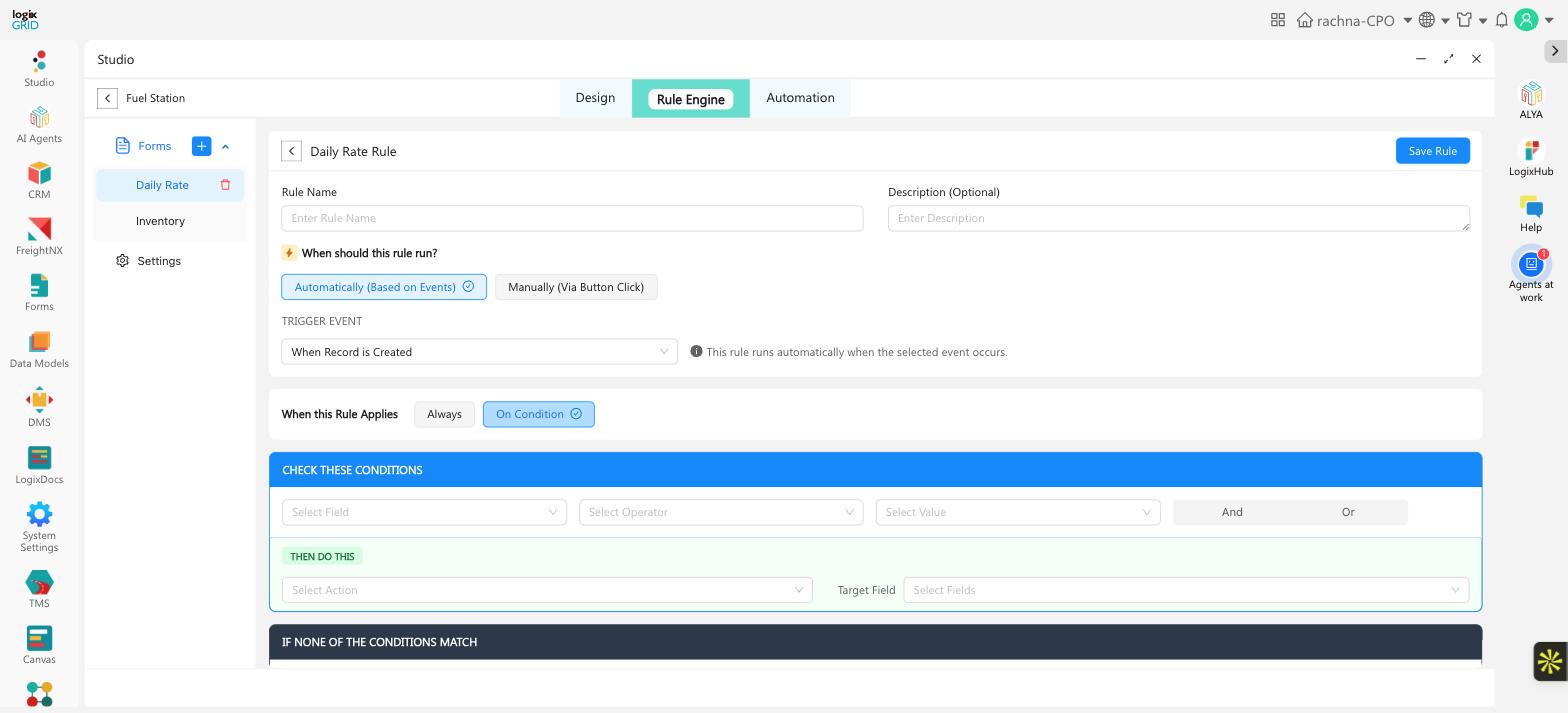 Rule Engine condition builder, showing trigger events and the IF NONE OF THE CONDITIONS MATCH fallback