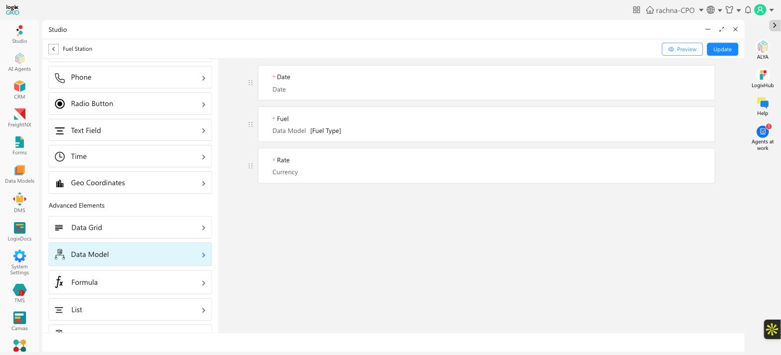 Advanced Elements panel in the Studio form builder, showing Data Grid, Data Model, Formula, and List