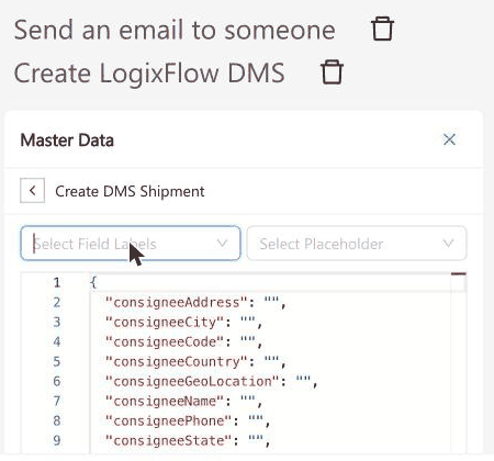 Field-mapping editor for Create LogixDMS Shipment showing the pre-filled shipment field template