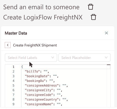 Field-mapping editor for Create FreightNX Shipment showing the pre-filled shipment field template