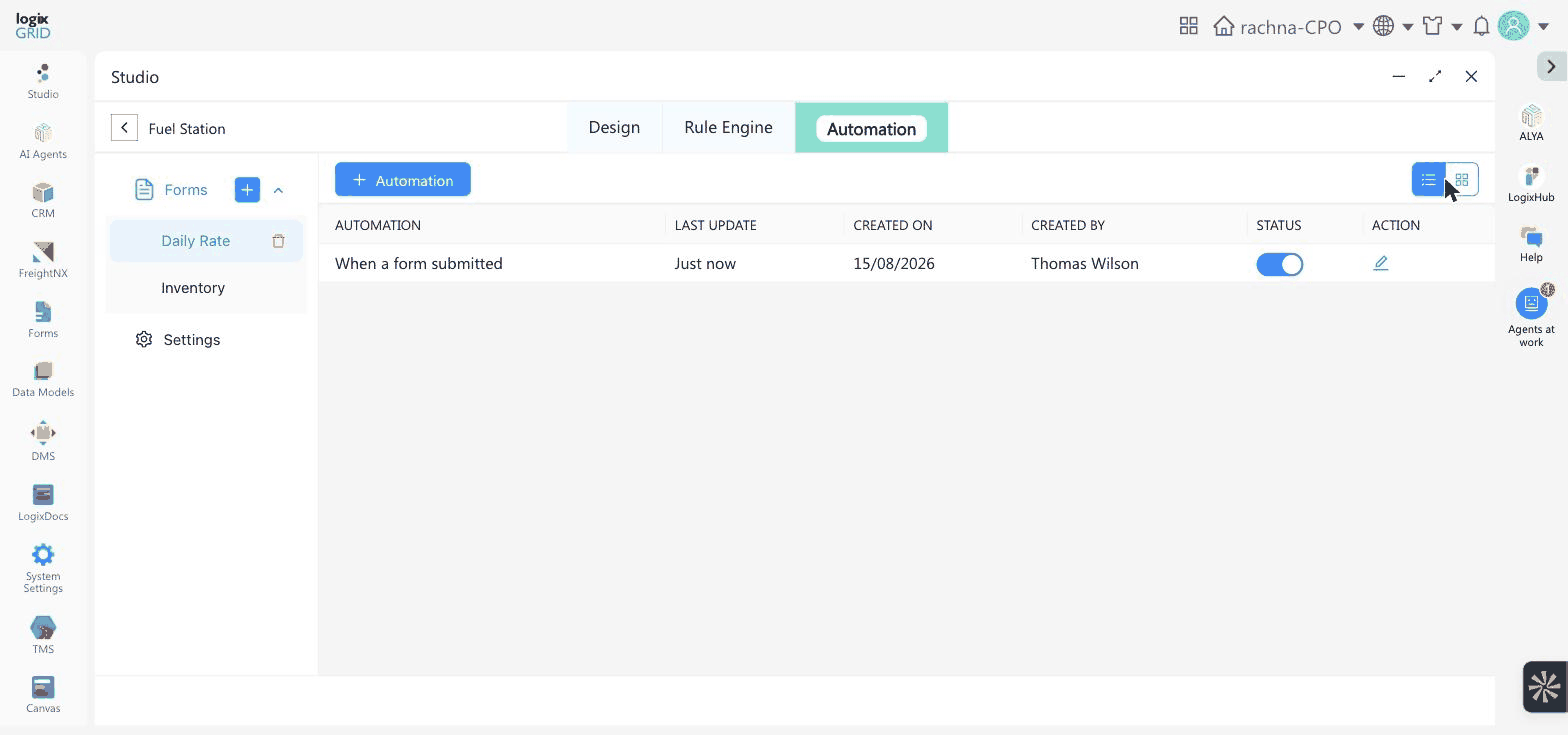 Automation screen showing the automation list with the Status toggle